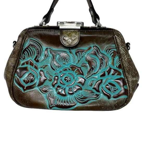 Patricia Nash Gracchi Tooled Leather Brown Teal Frame Satchel Handbag - Picture 8 of 8